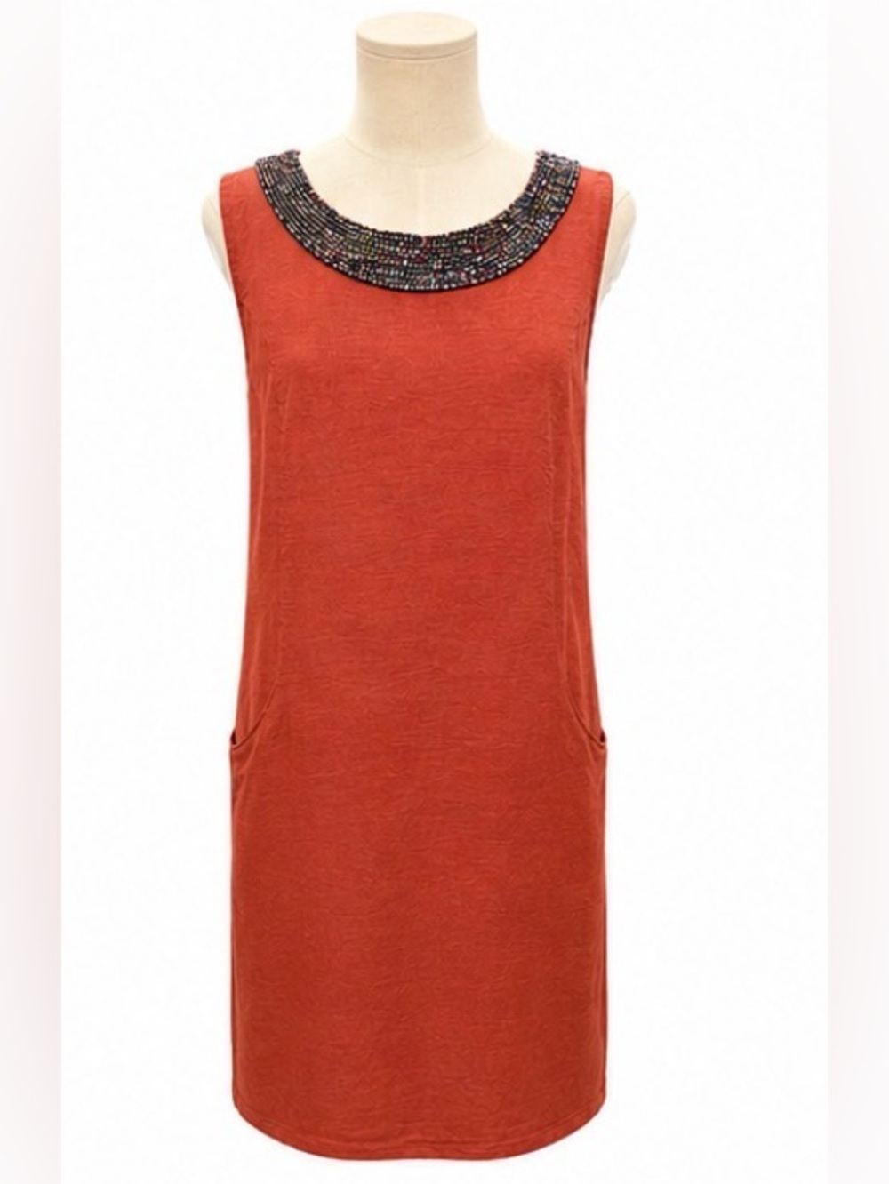 NWT Lina Tomei Made in Italy linen beaded shift dress M rust pockets